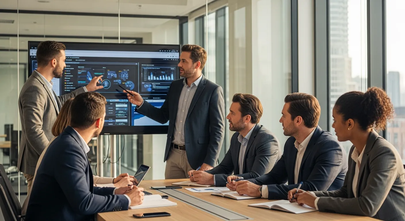 Equipo directivo revisando indicadores de rendimiento y retorno
